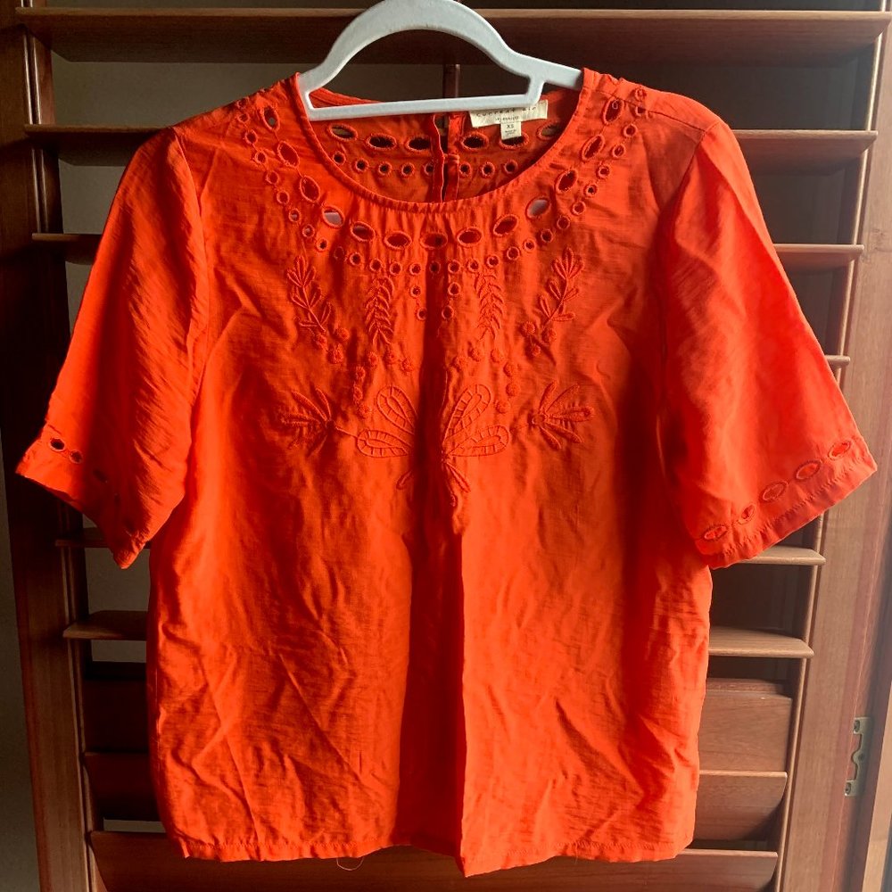 Orange Embroidered Short-Sleeve Blouse - XS